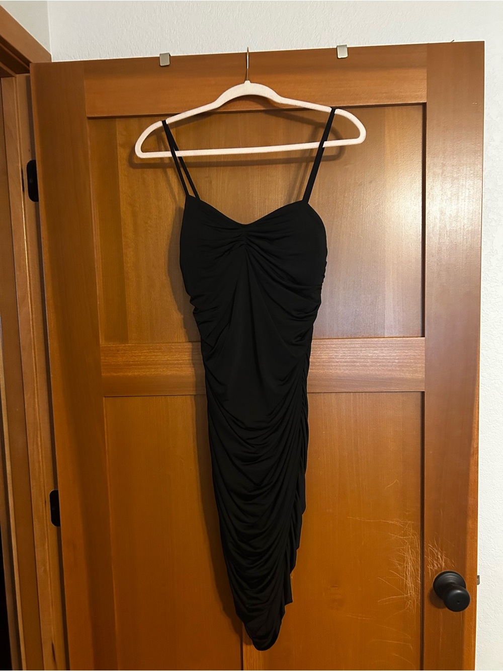 Express Black Ruched Mini Slip Dress with Spaghetti Straps